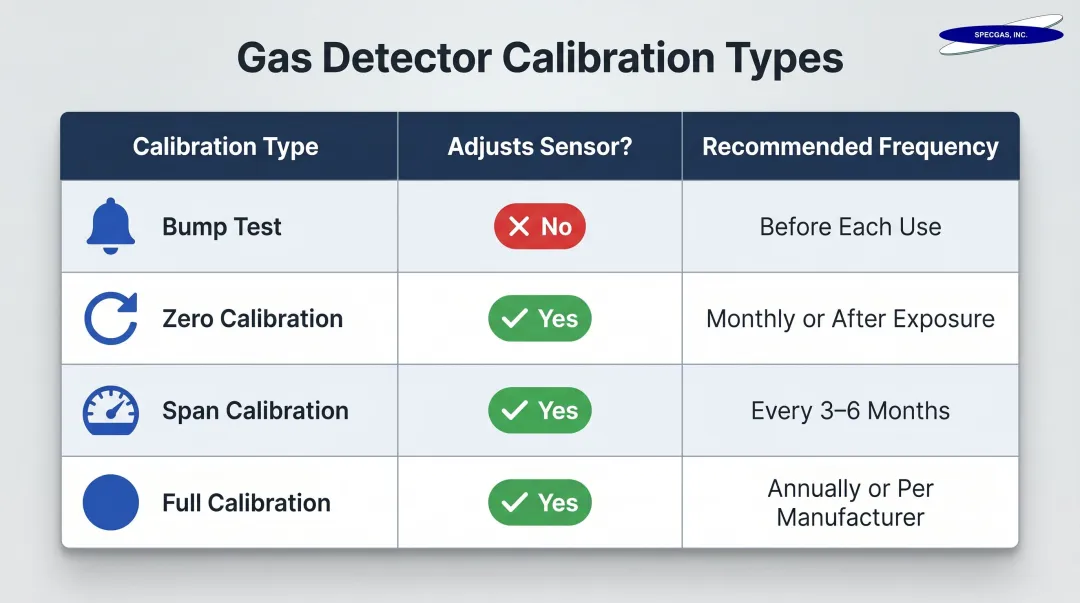 Four MSA gas monitor calibration types comparison table with frequency and function