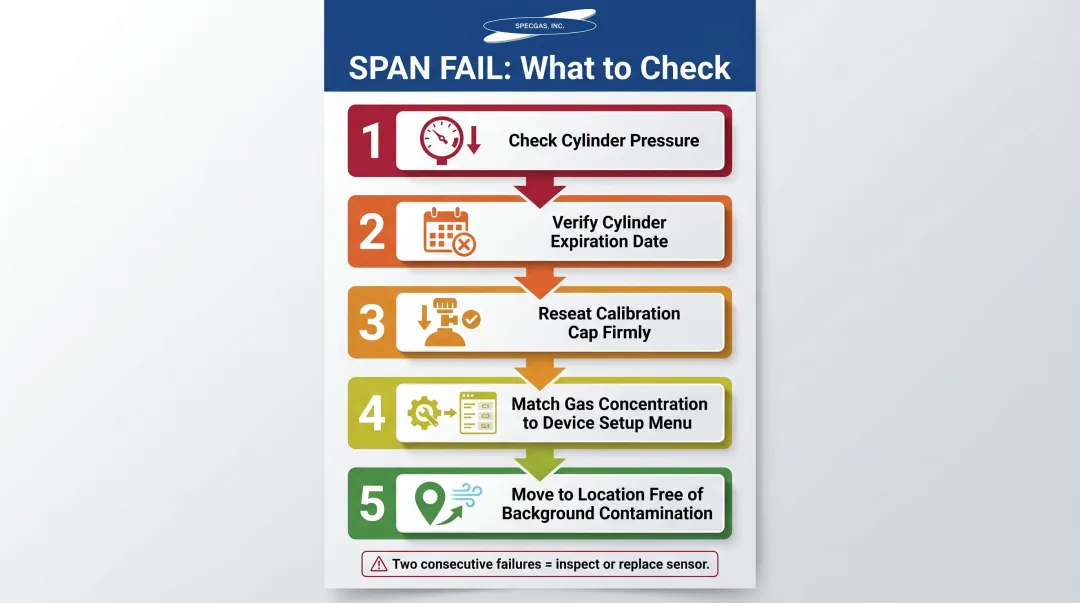 MSA gas monitor span fail troubleshooting checklist five diagnostic steps flowchart