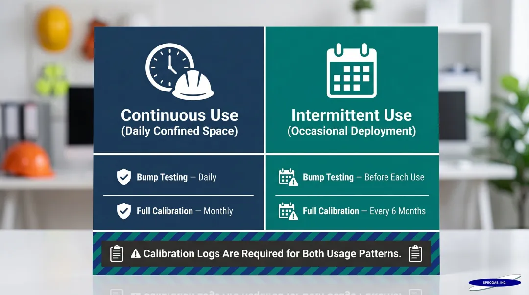 MSA gas monitor calibration frequency comparison continuous versus intermittent use patterns