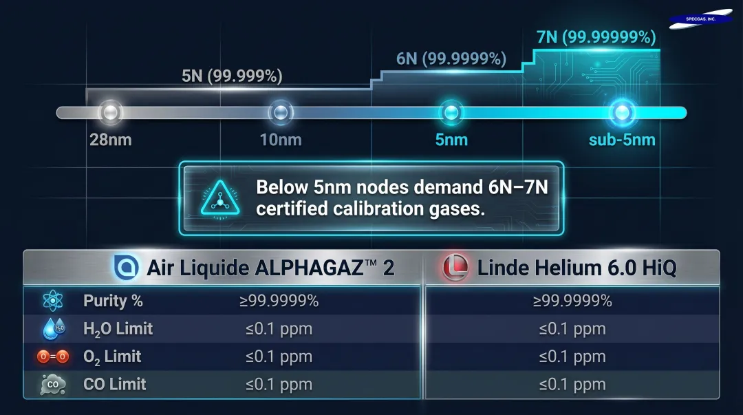 Ultra-high-purity calibration gas requirements for semiconductor manufacturing nodes comparison