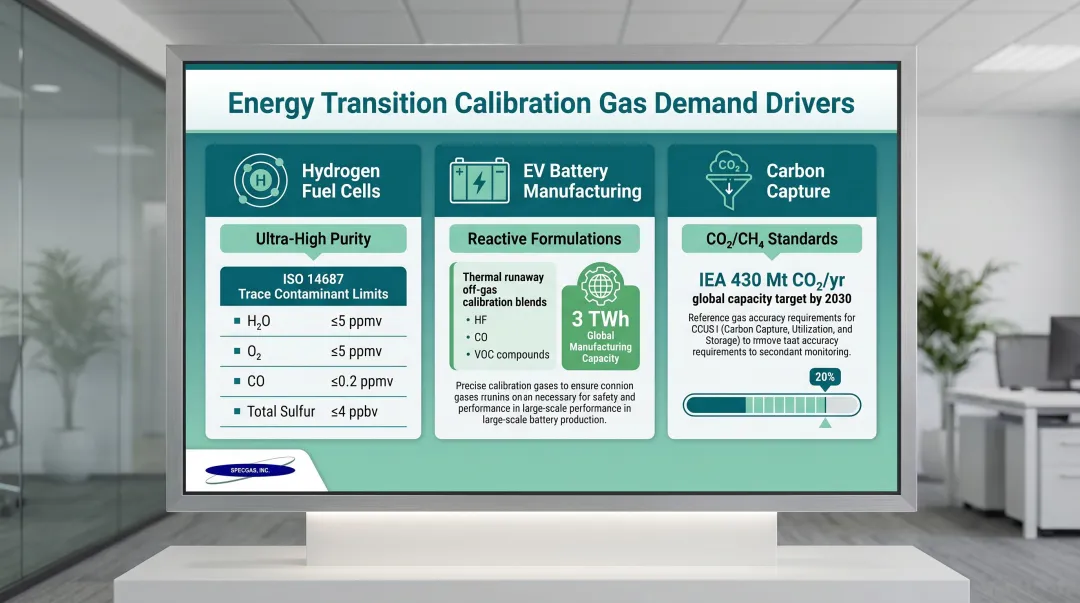Three energy transition sectors driving new calibration gas formulation demand infographic
