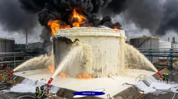 Industrial fire suppression foam blanket covering flammable liquid surface