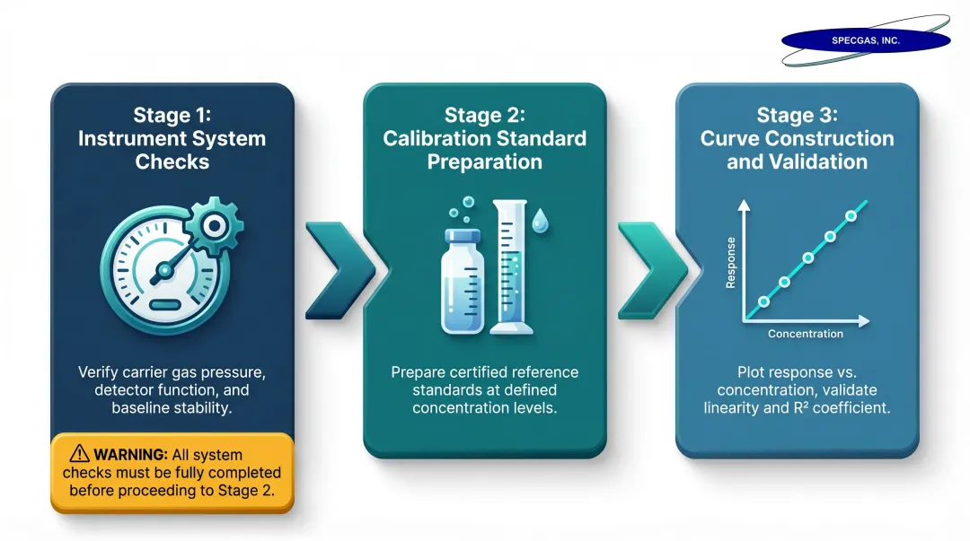 Three-stage GC calibration process flow from instrument verification to calibration curve