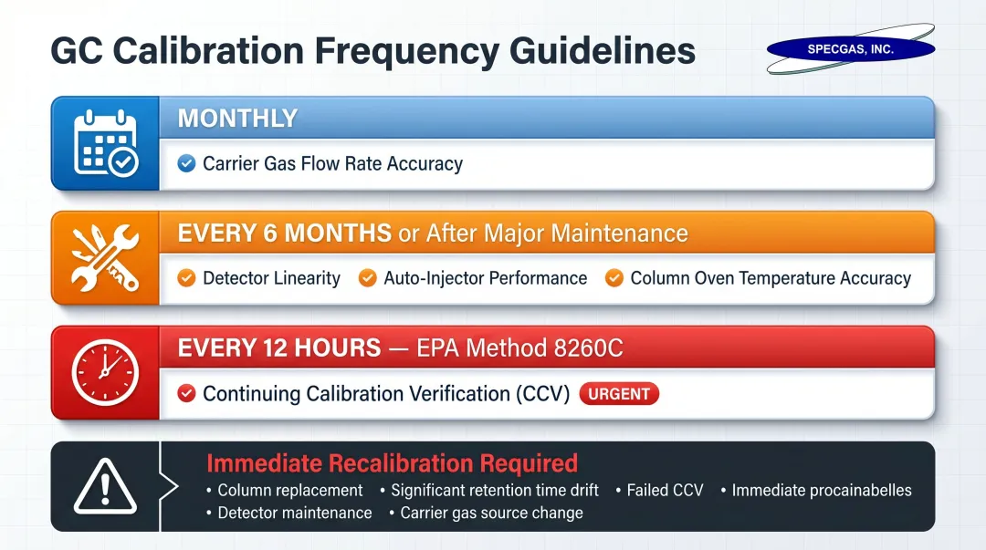 GC calibration frequency schedule showing monthly six-month and per-run verification intervals