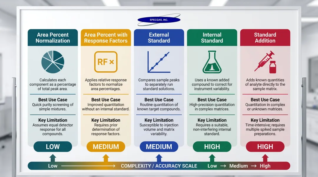 Five GC calibration methods side-by-side comparison chart with use cases and limitations