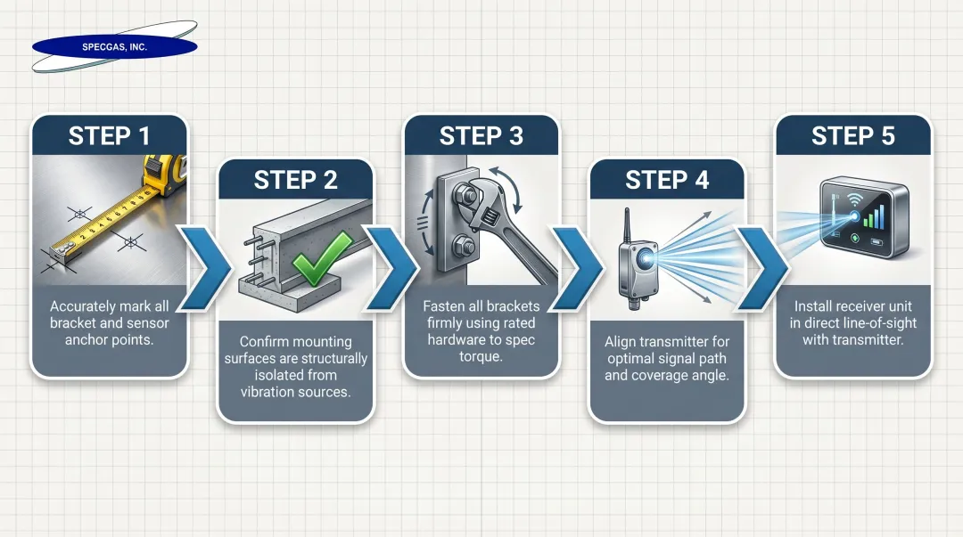 5-step open path gas detector physical installation process flow diagram