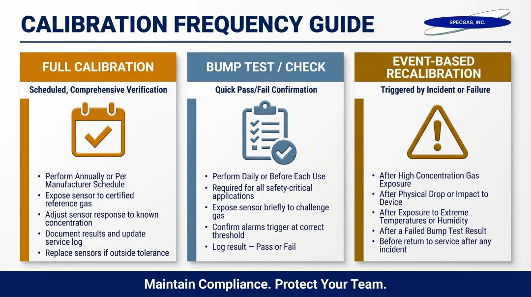 Open path gas detector calibration frequency schedule full bump and event-based comparison