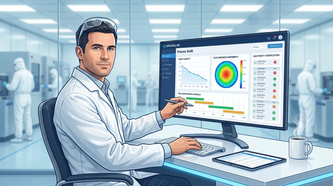 Process engineer reviewing gas purity audit data and yield KPI trends on monitor