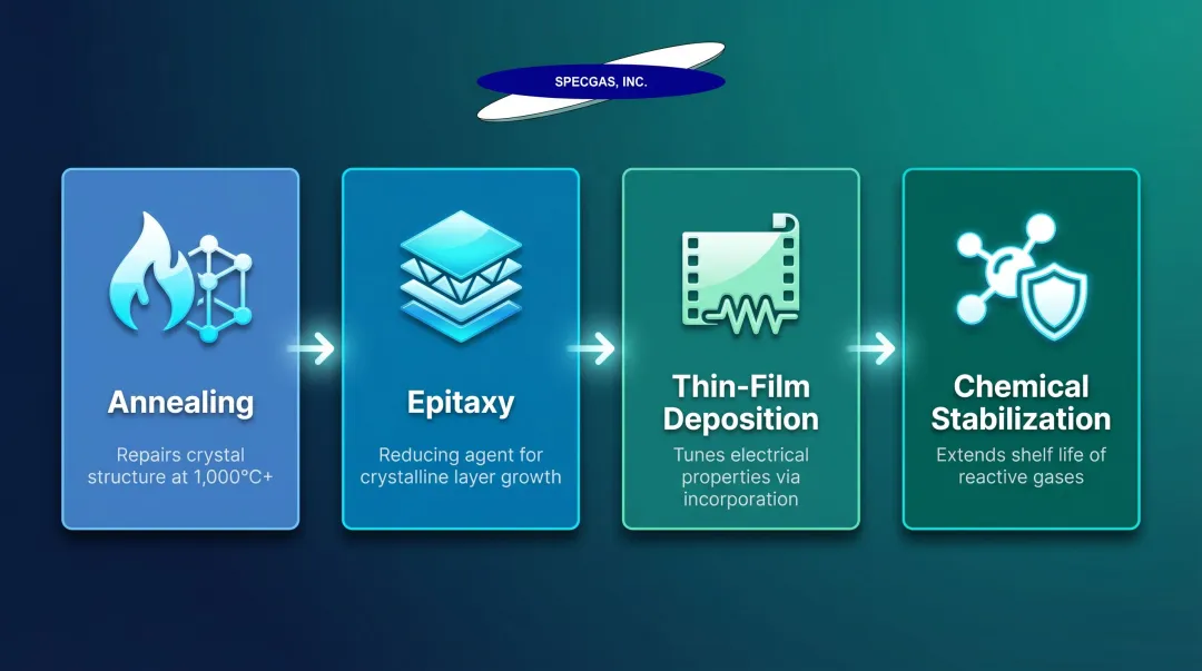 Four hydrogen applications in semiconductor manufacturing process infographic