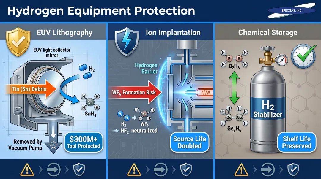 Hydrogen equipment protection roles across EUV lithography ion implantation and chemical storage