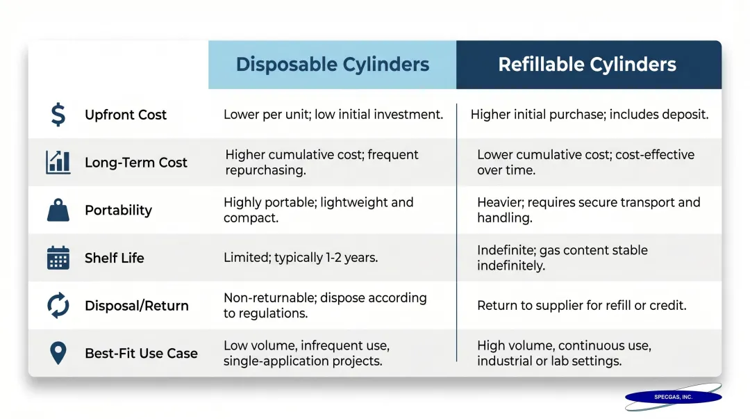 Disposable versus refillable calibration gas cylinder side-by-side comparison infographic