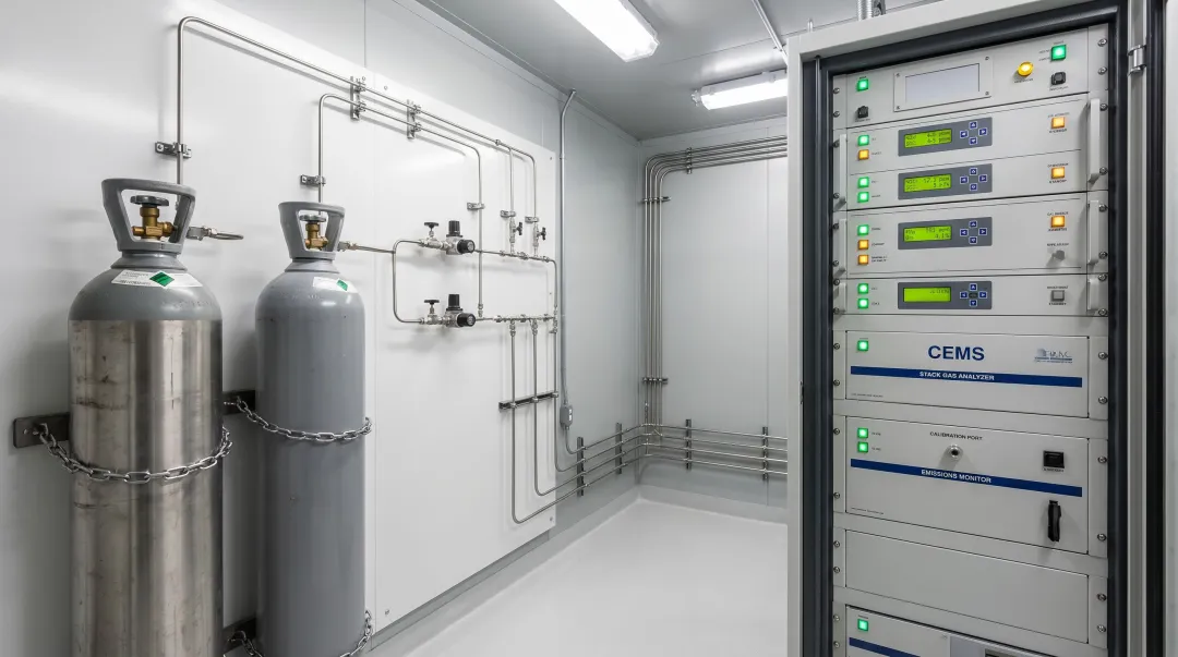Continuous emissions monitoring system CEMS fixed installation with refillable gas cylinders