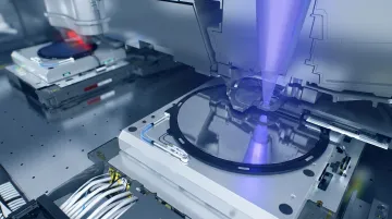 DUV semiconductor photolithography system exposing silicon wafer in cleanroom environment