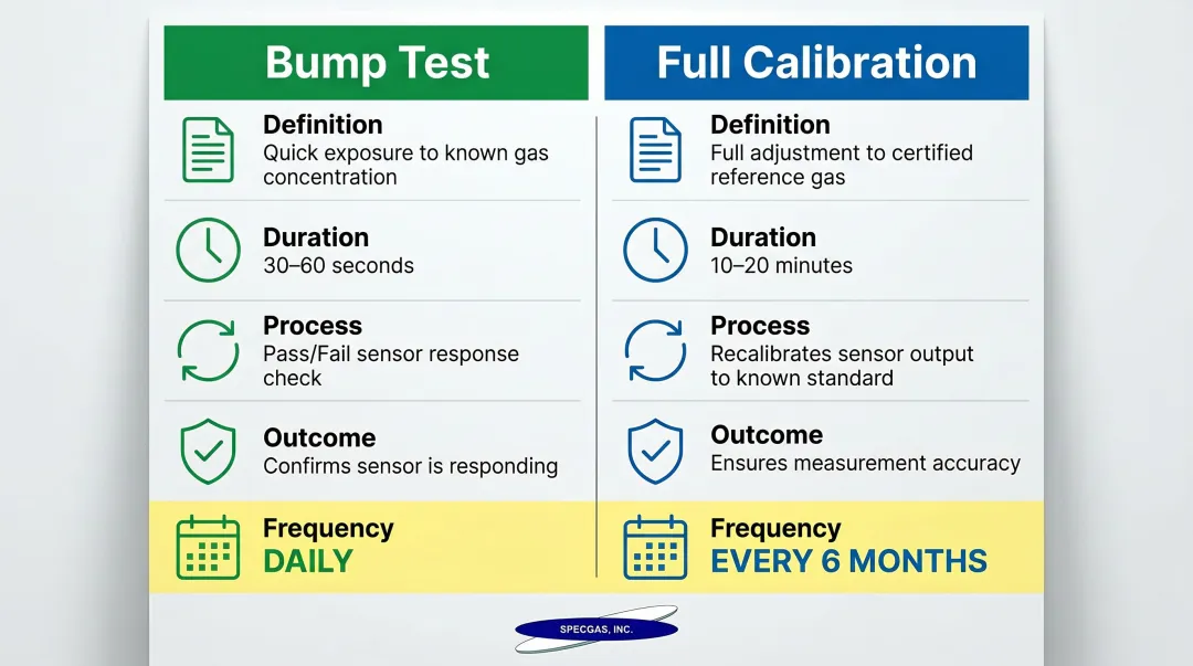 Bump test versus full calibration key differences side-by-side comparison chart
