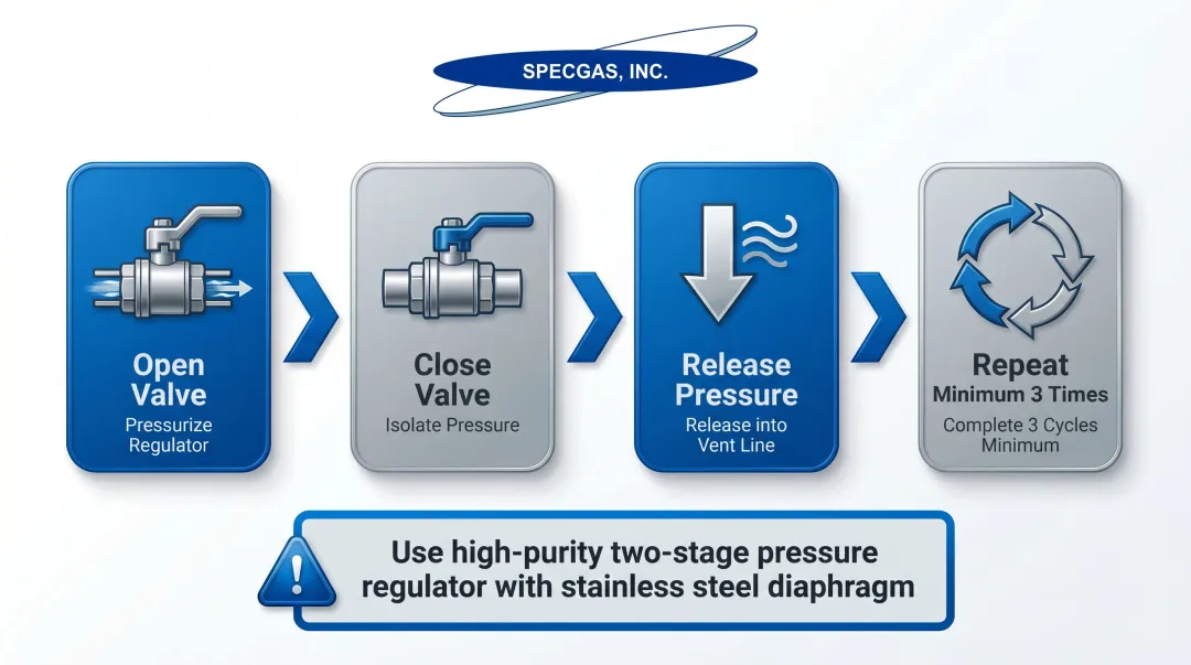 Four-step calibration gas regulator purging procedure for reactive gas mixtures