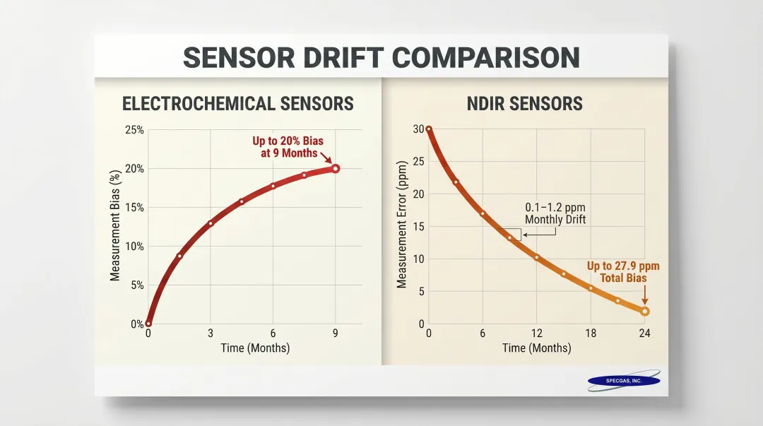 Gas sensor drift rates over time showing electrochemical and NDIR bias data