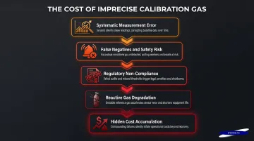 Five cascading failure consequences of imprecise calibration gas blends infographic