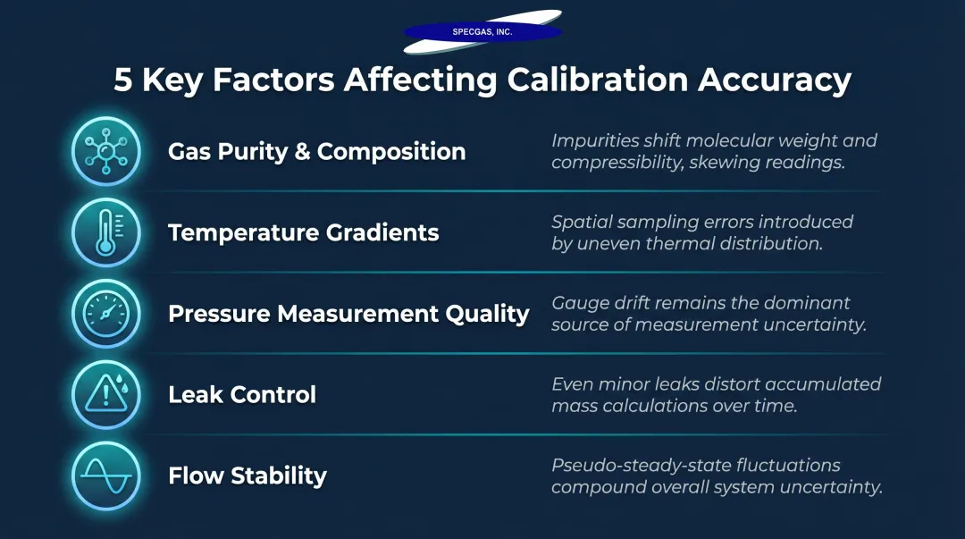 Five key factors affecting primary gas flow calibration accuracy breakdown infographic