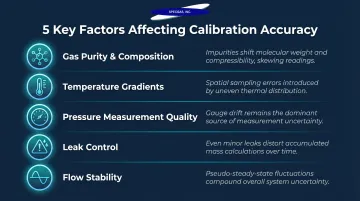 Five key factors affecting primary gas flow calibration accuracy breakdown infographic