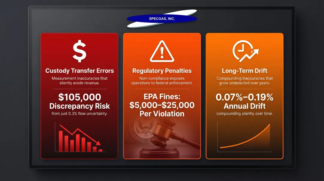 Gas flow calibration financial and regulatory consequences comparison infographic
