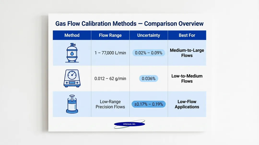 Three primary gas flow calibration methods comparison PVTt gravimetric piston prover