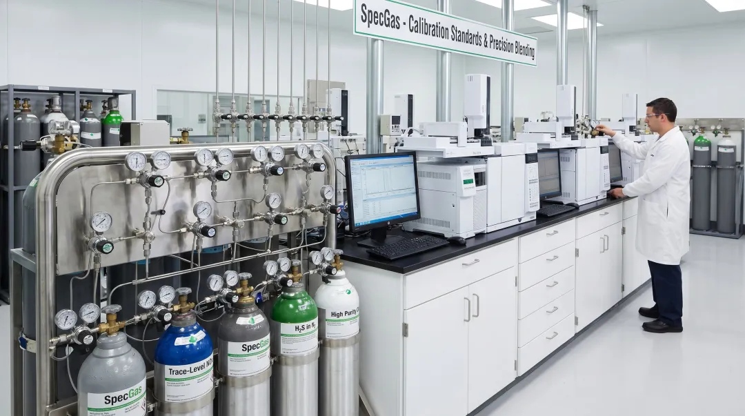 SpecGas laboratory technician preparing NIST-traceable reactive VOC calibration gas cylinder