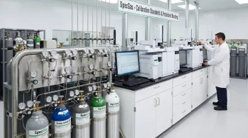 SpecGas laboratory technician preparing NIST-traceable reactive VOC calibration gas cylinder