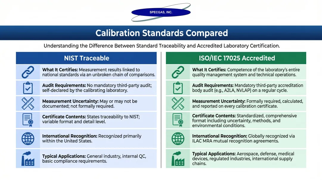 NIST traceable versus ISO/IEC 17025 accredited calibration side-by-side comparison infographic