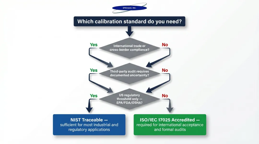 Decision flowchart choosing between NIST traceable and ISO/IEC 17025 calibration gas standards