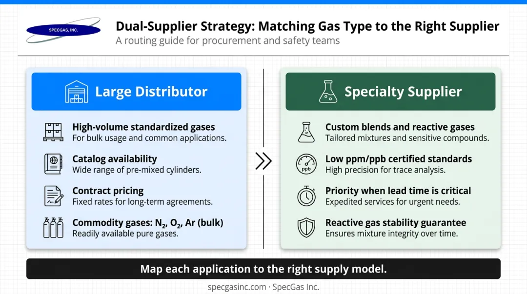 Dual supplier strategy matching gas type to large distributor or specialty supplier