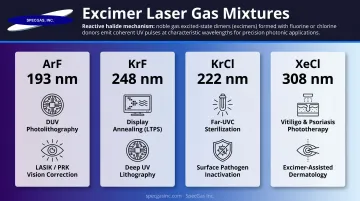 Excimer laser gas mixture types wavelengths and primary industrial applications comparison chart