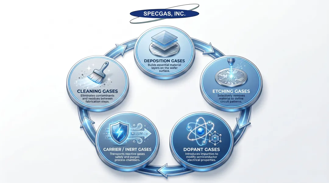 Five semiconductor fabrication gas categories illustrated as process flow diagram