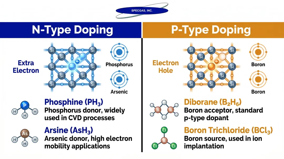 N-type versus P-type semiconductor doping comparison with dopant gas examples