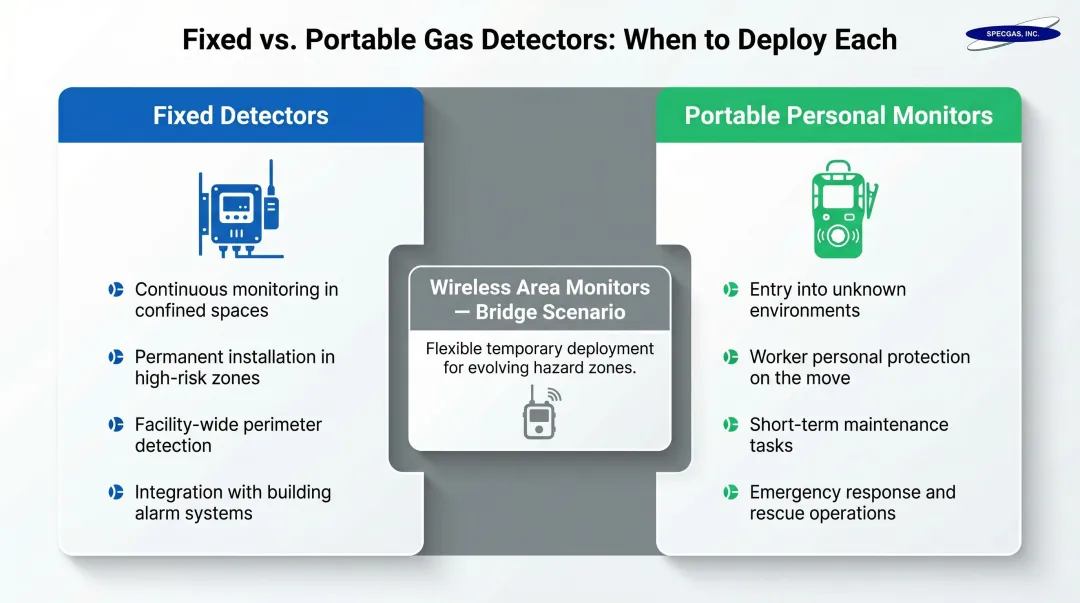 Fixed versus portable gas detector decision framework side-by-side comparison chart