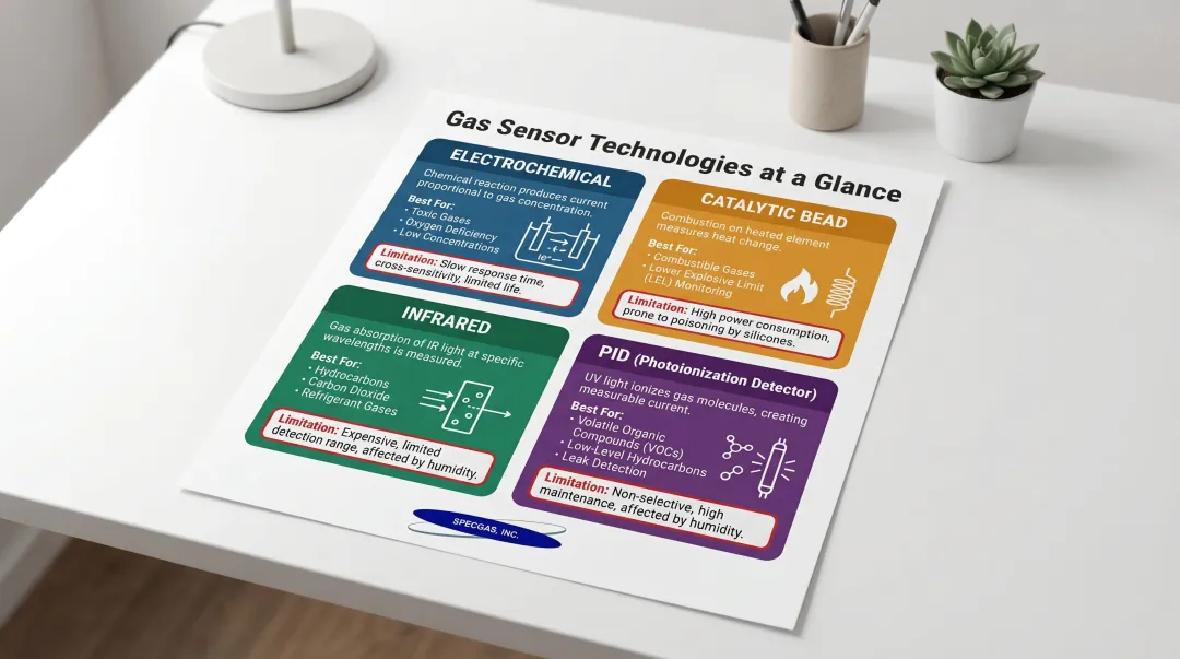 Four gas sensor technology types compared by detection method application and limitations