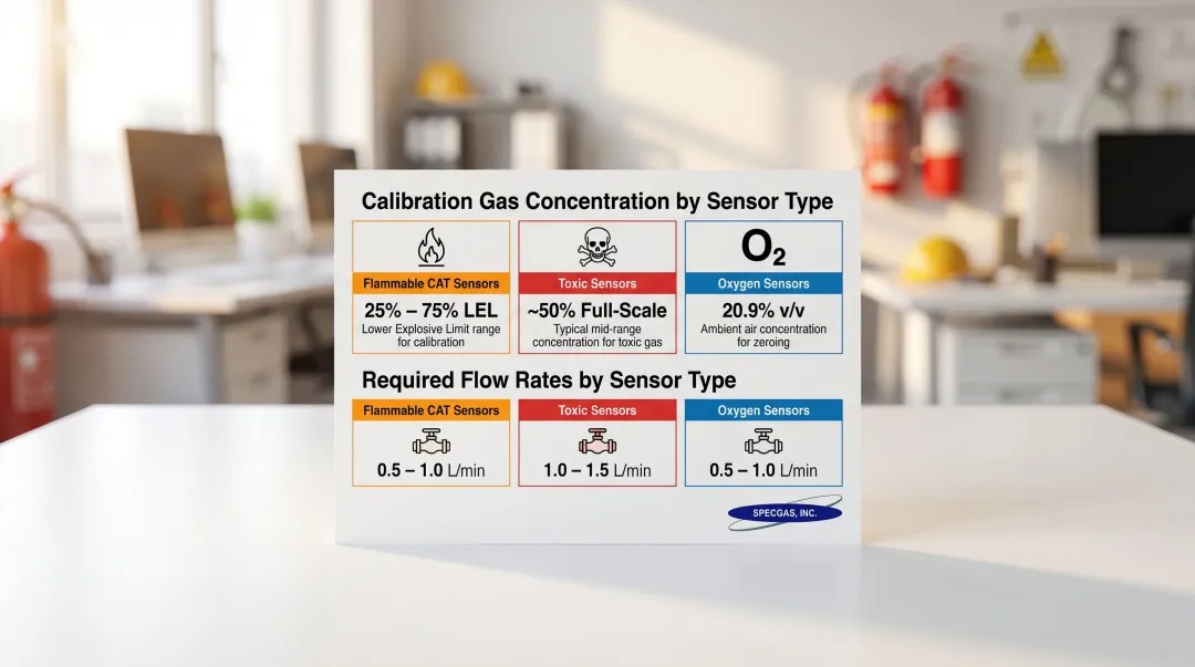 SensePoint XCD calibration gas concentration and flow rate requirements by sensor type