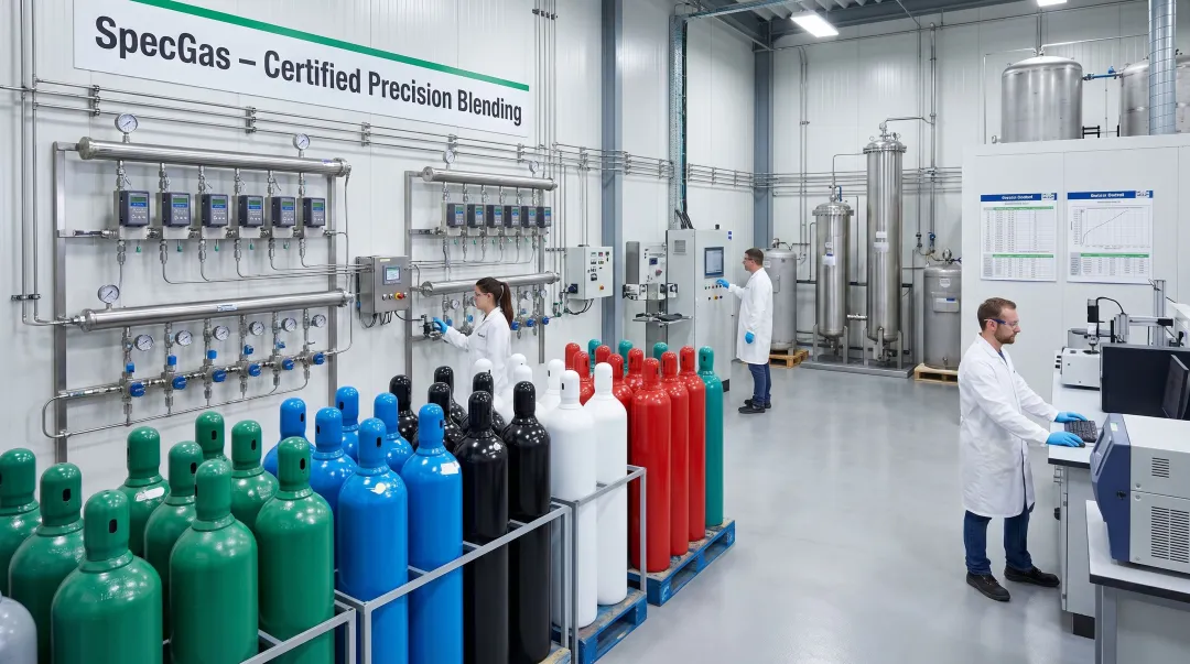 SpecGas specialty gas cylinder blending facility producing NIST-traceable neon mixtures