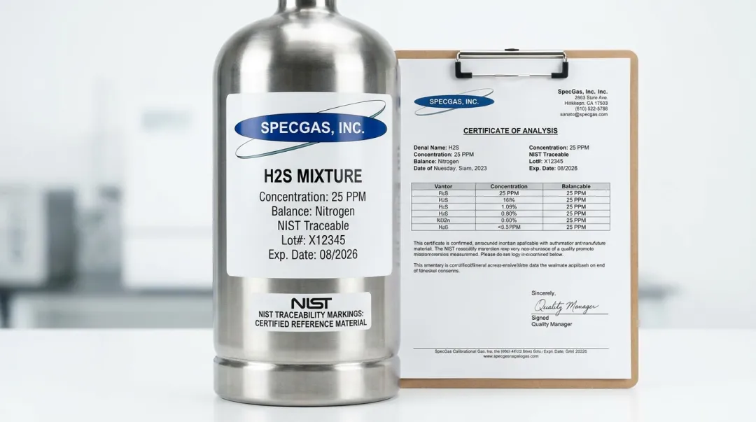 SpecGas H2S calibration gas cylinder with passivation treatment and NIST traceability label