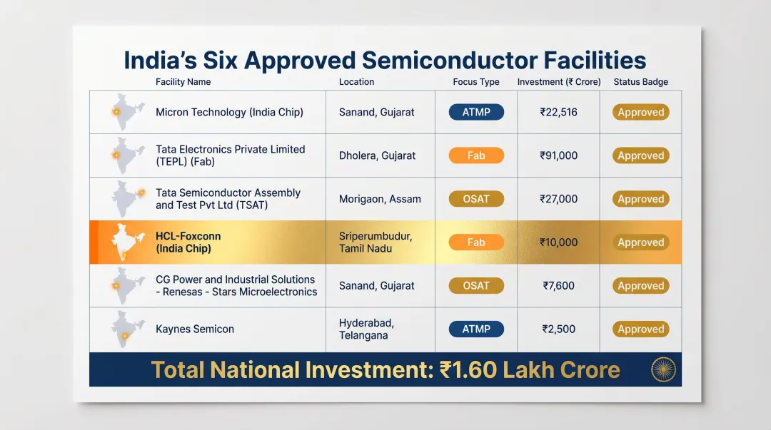 Six India semiconductor mission approved facilities locations investment and focus areas