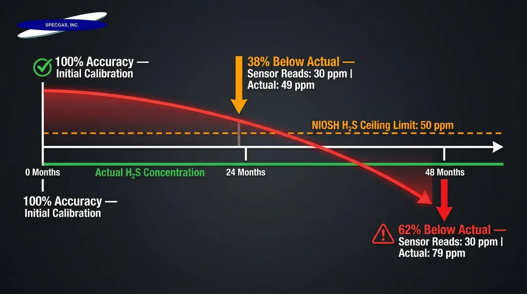 Gas sensor drift degradation timeline showing ppm reading gap over 48 months