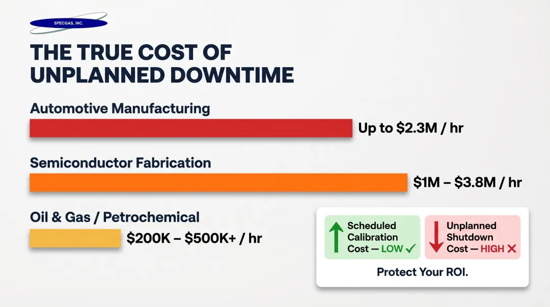 Unplanned industrial downtime cost per hour comparison across three industry sectors