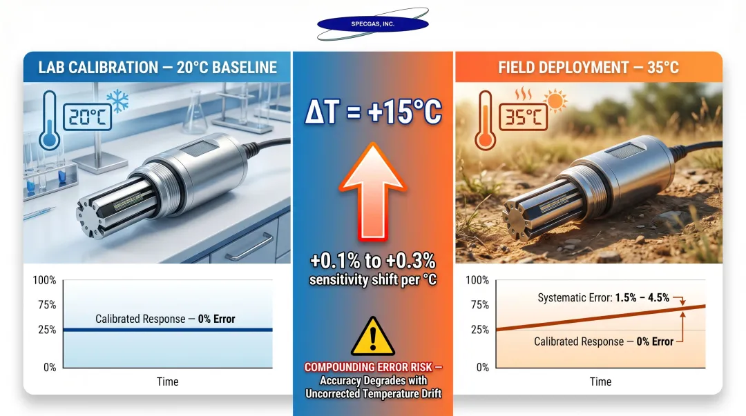 Electrochemical sensor temperature error percentage comparison at calibration versus field deployment