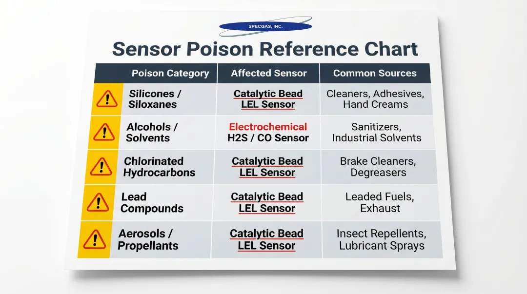 Gas detector sensor poison categories affected sensors and common workplace sources chart