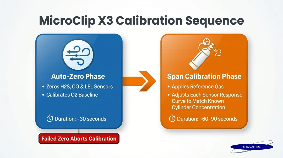 MicroClip X3 two-phase calibration sequence auto-zero and span process flow