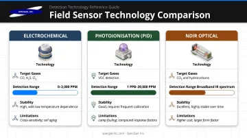 Three gas sensor types electrochemical PID NDIR PPM detection range comparison infographic