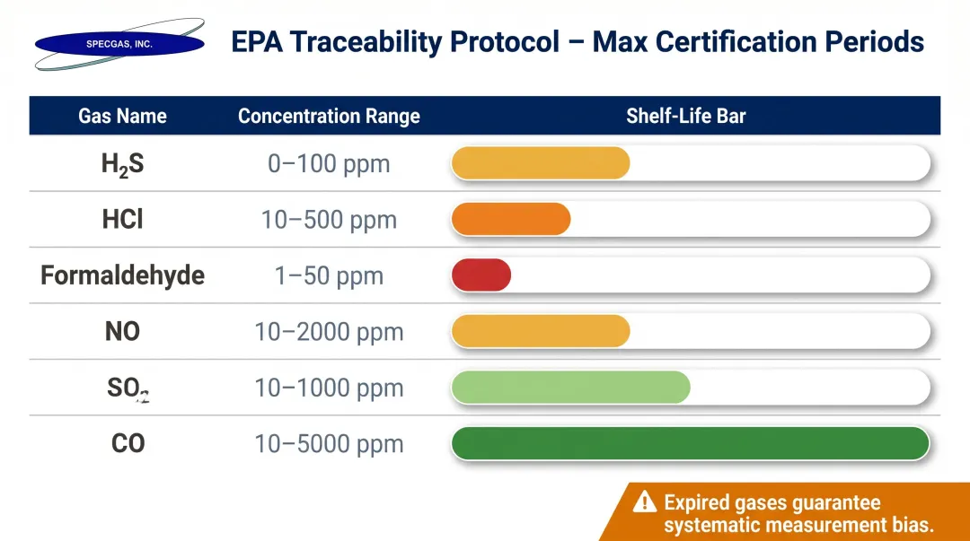 EPA maximum certification periods for reactive calibration gases in passivated cylinders table