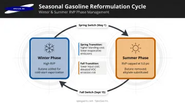 Seasonal gasoline RVP regulation timeline from winter butane blend to summer low-volatility formula