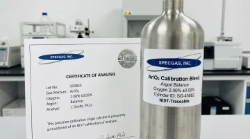 SpecGas precision argon oxygen calibration gas cylinder with NIST traceability certification documentation