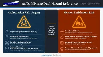 Dual hazard infographic showing argon asphyxiation and oxygen enrichment risks side by side