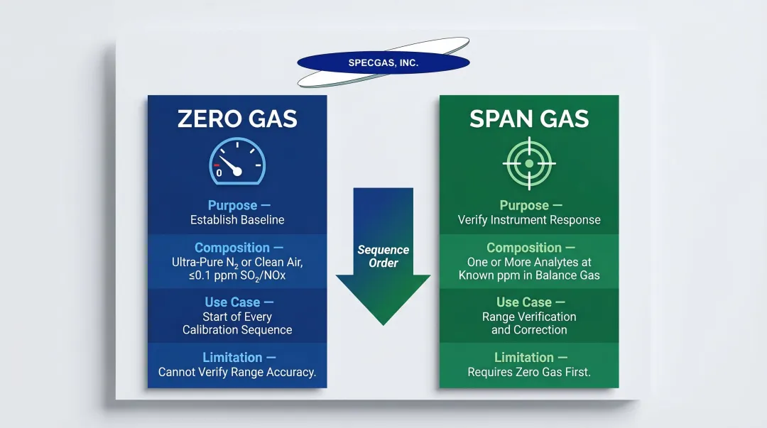 Zero gas versus span gas calibration roles and sequence comparison infographic